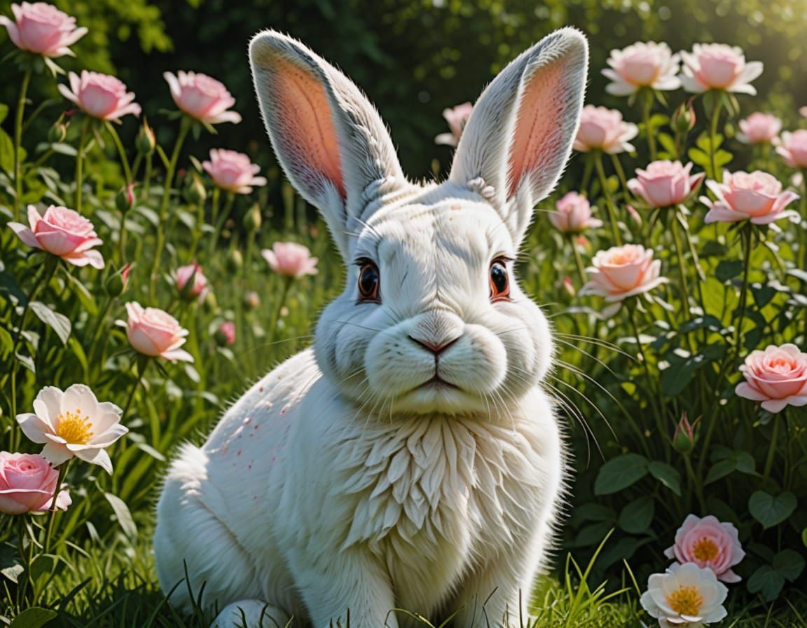A White Rabbit with Gentle Rose Ears and Vibrant Eyes