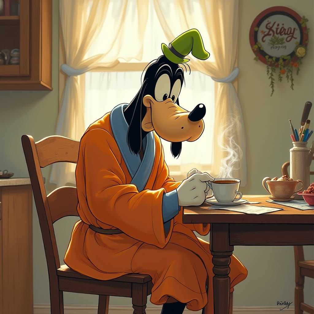 Goofy Sips Coffee in Cozy Morning Scene