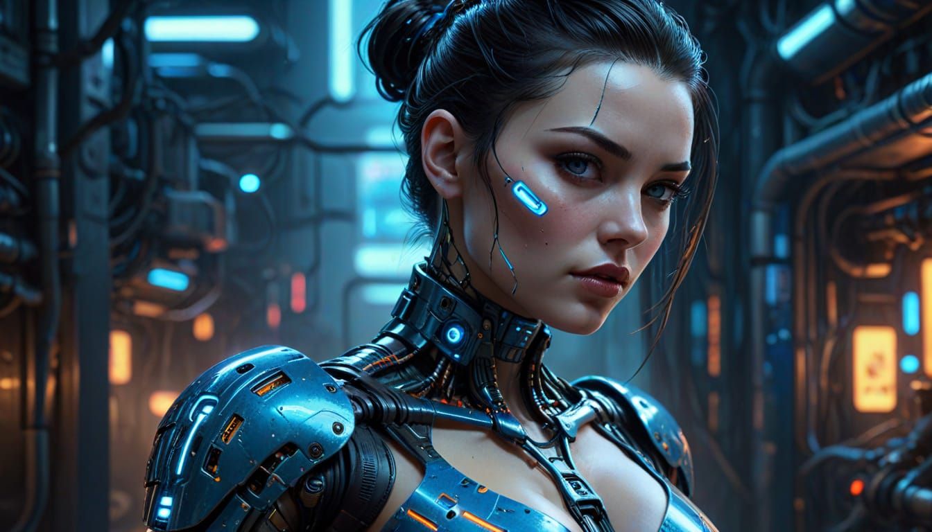 Female Android in Cyberpunk Style, Hyperrealistic Digital Ar...