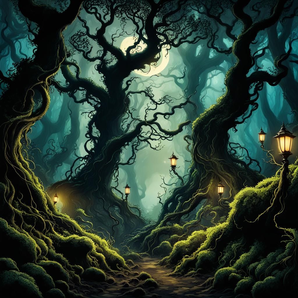 Eerie Dark Fantasy Forest Illustration