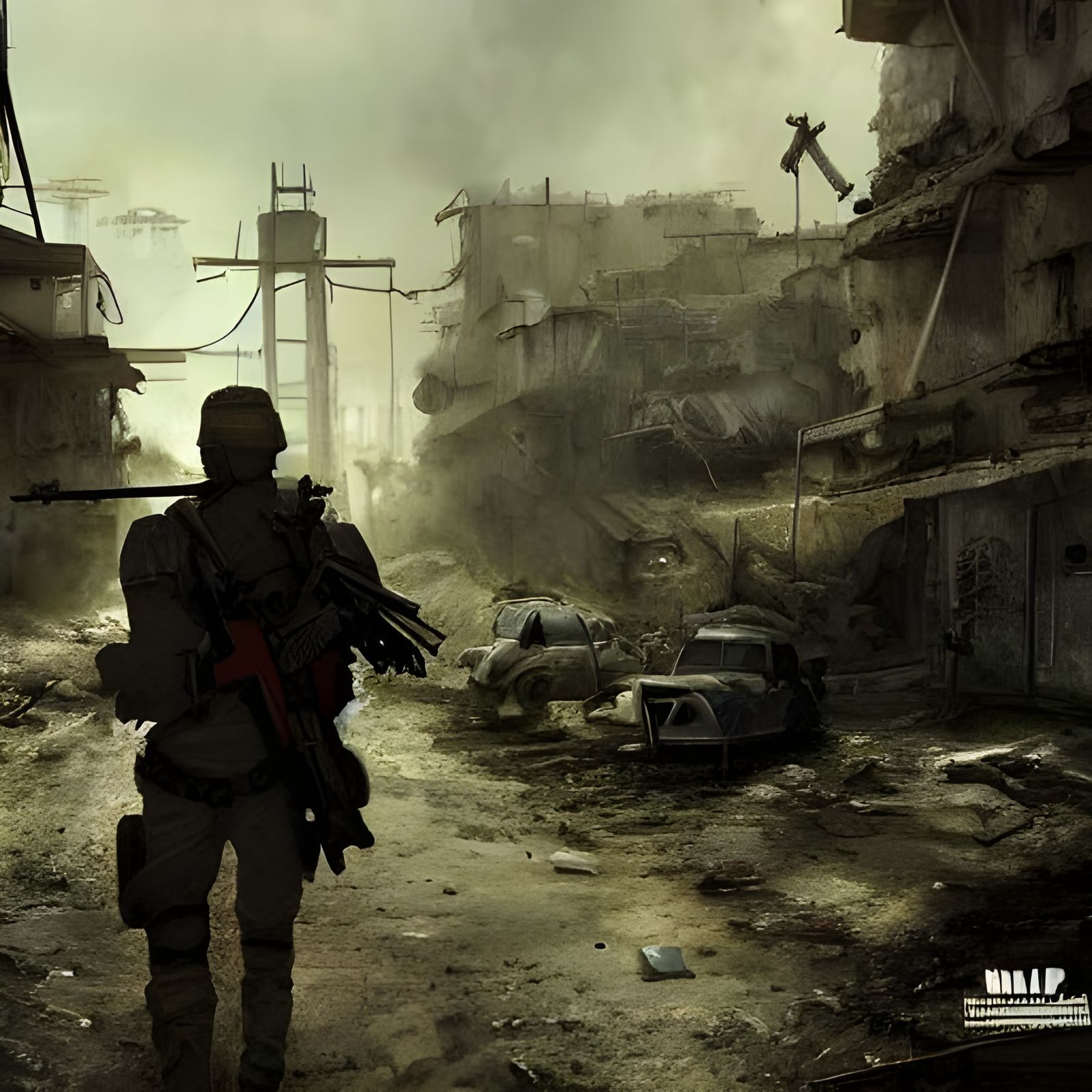 Militia Patrols War-Torn Village in Dystopian Future