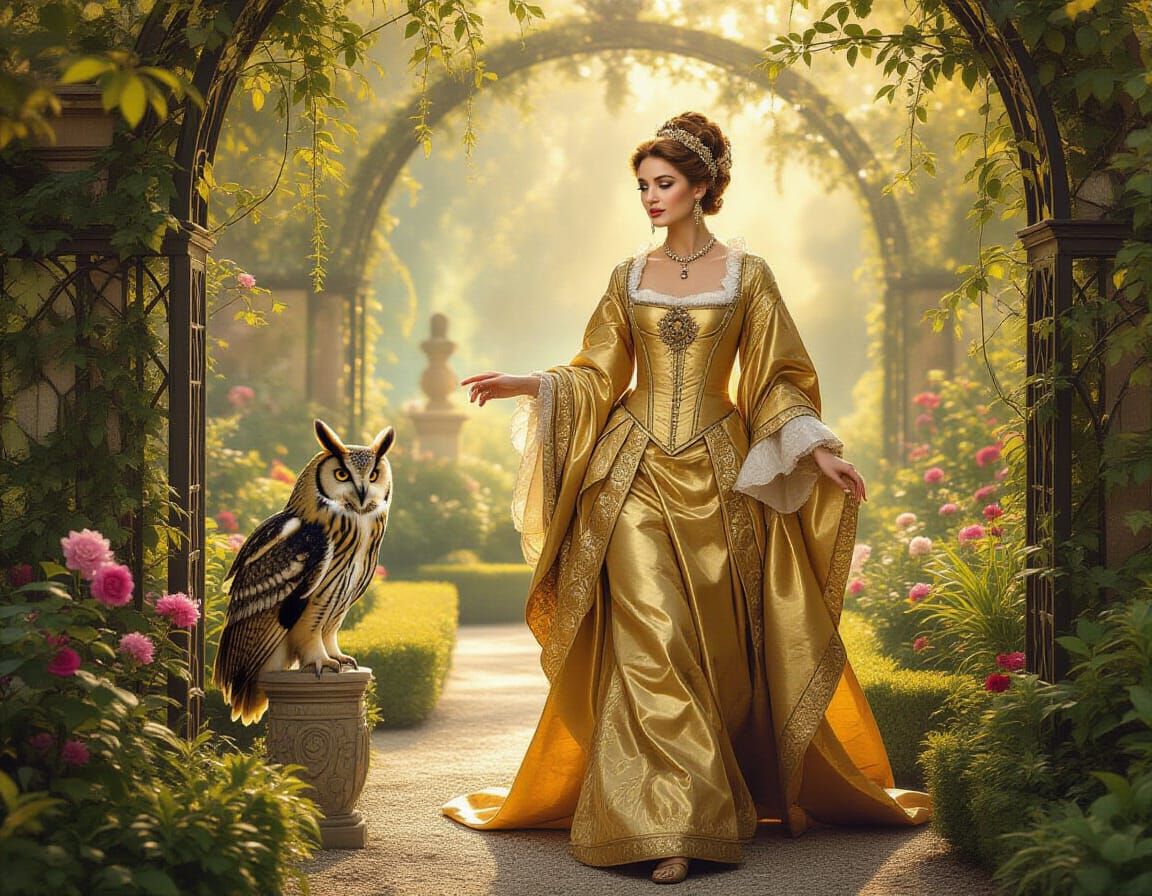 Renaissance Woman and Owl in Golden Light