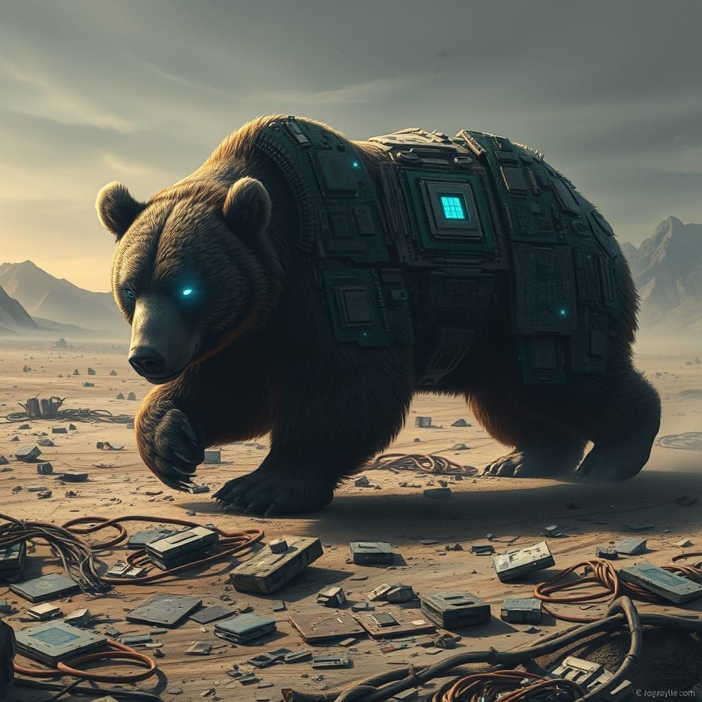 Photonic CPU Grizzly Bear in Dystopian Wasteland