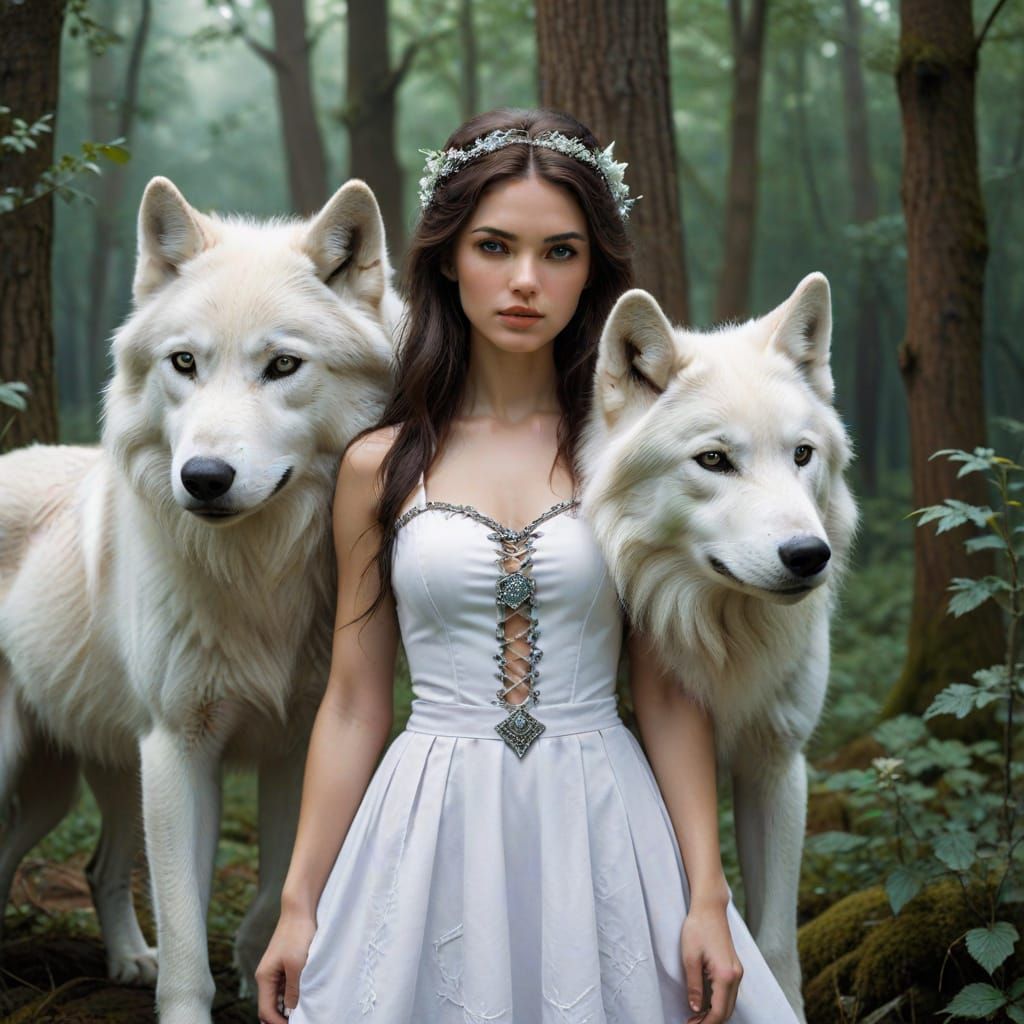 Enchanted Girl and Majestic White Wolf