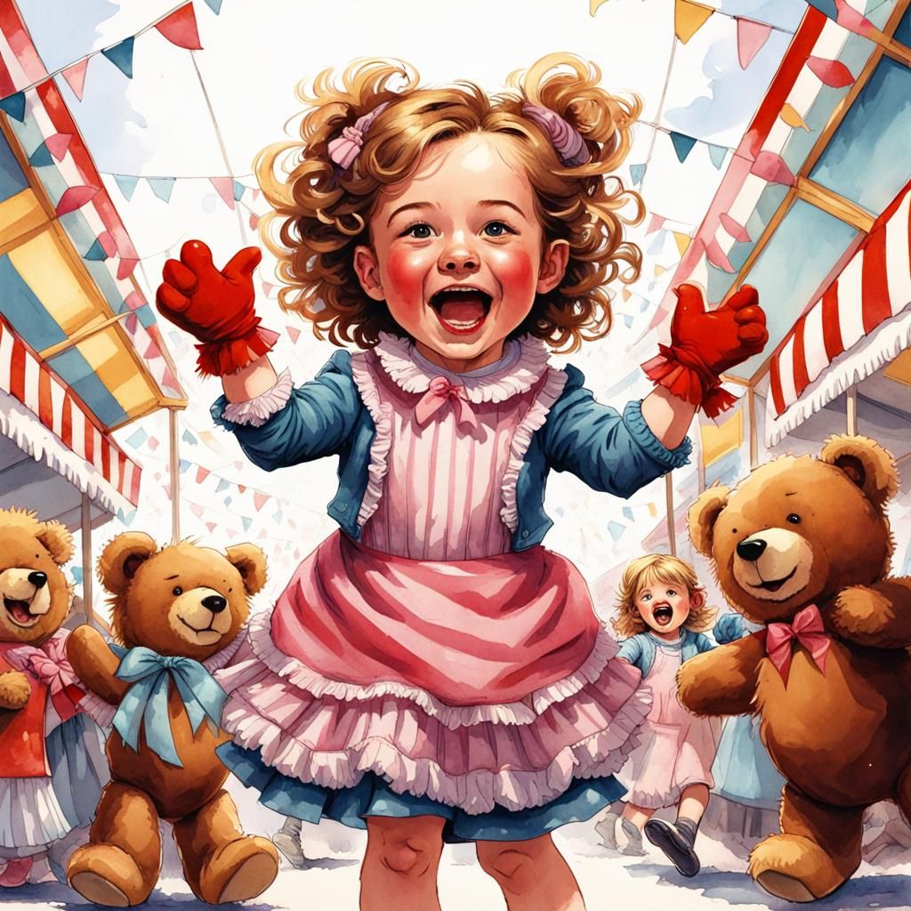 Joyful Preschooler Wins Teddy Bear: Watercolor Comic Art