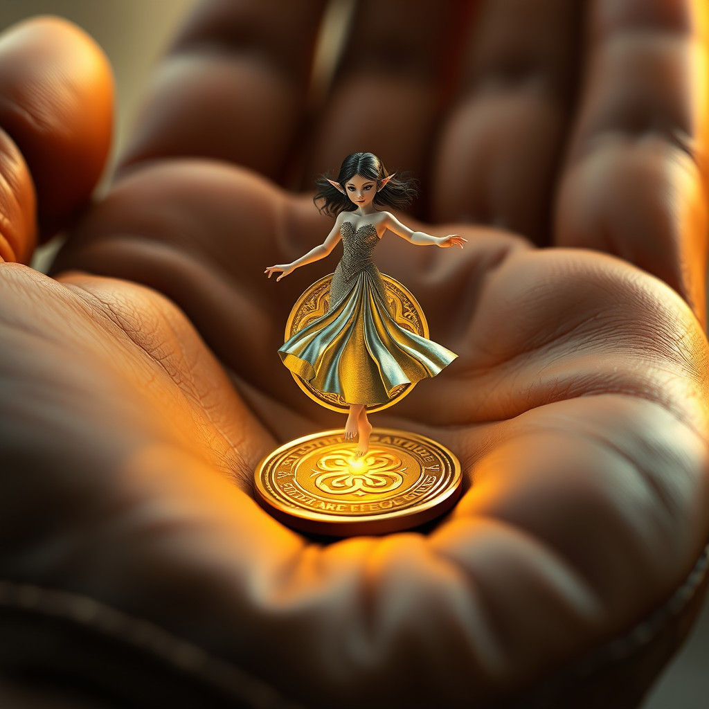 Elf Dances on Celtic Coin in Dreamlike Realm