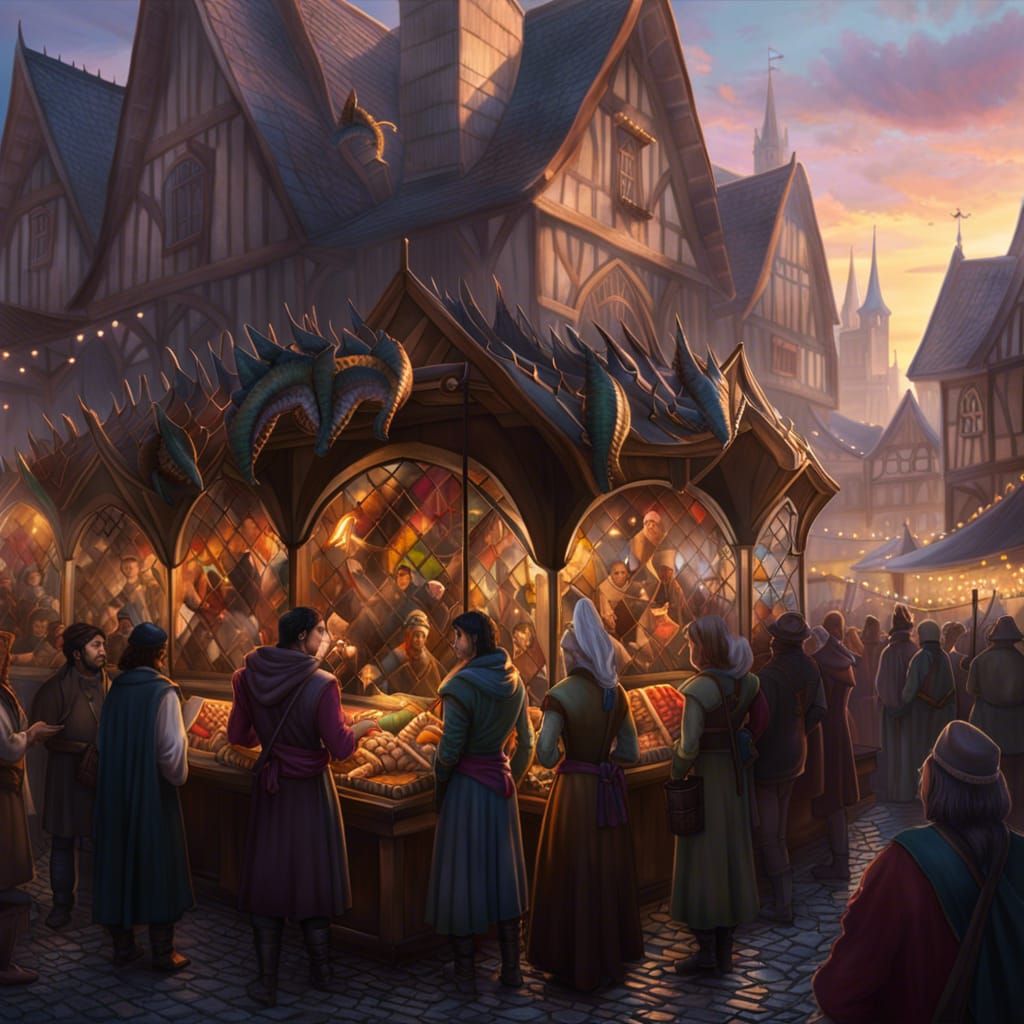 Magical Medieval Market with Dragons at Sunrise