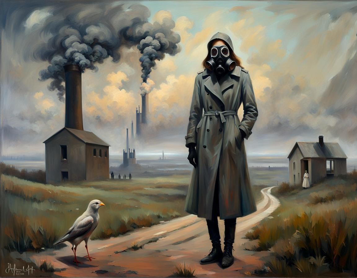 Nick Alm's painting depicting a (16 years young with sparkling eyes:1.2) (full length standing girl wearing a gasmask tr...