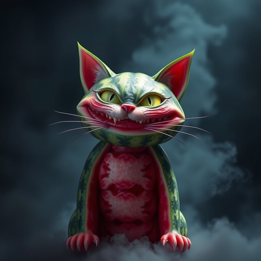 Mystical Watermelon Cheshire Cat in Hyperrealistic Style