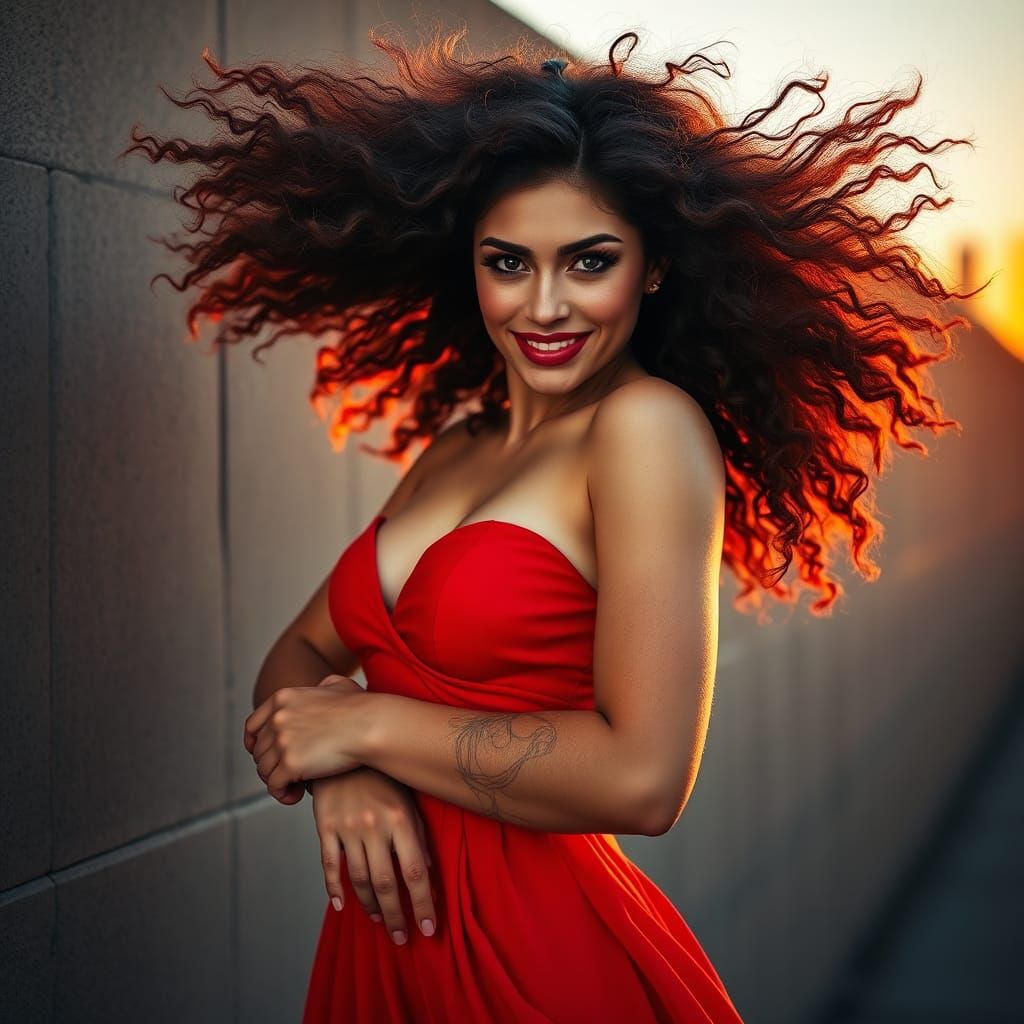 Australian Woman with Red Dress in Digital Matte Painting