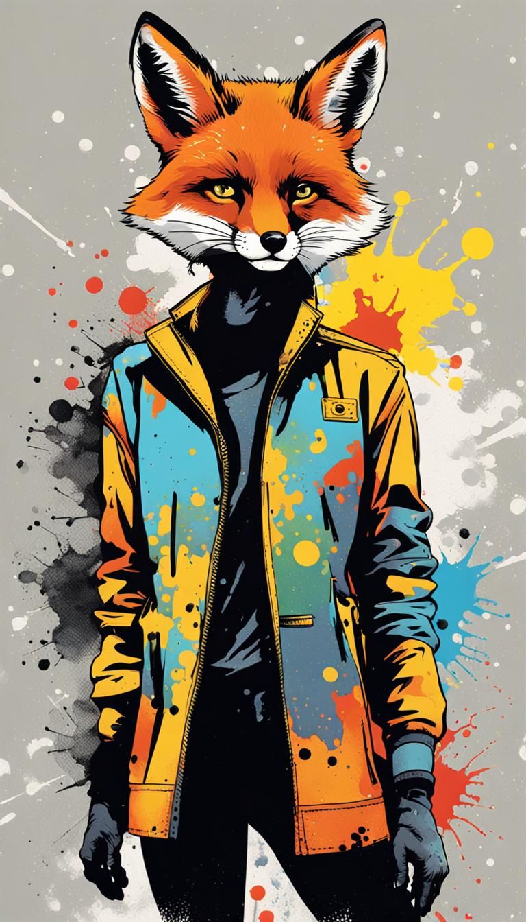 Fox in 80s Style, Noir Ink Wash Digital Art