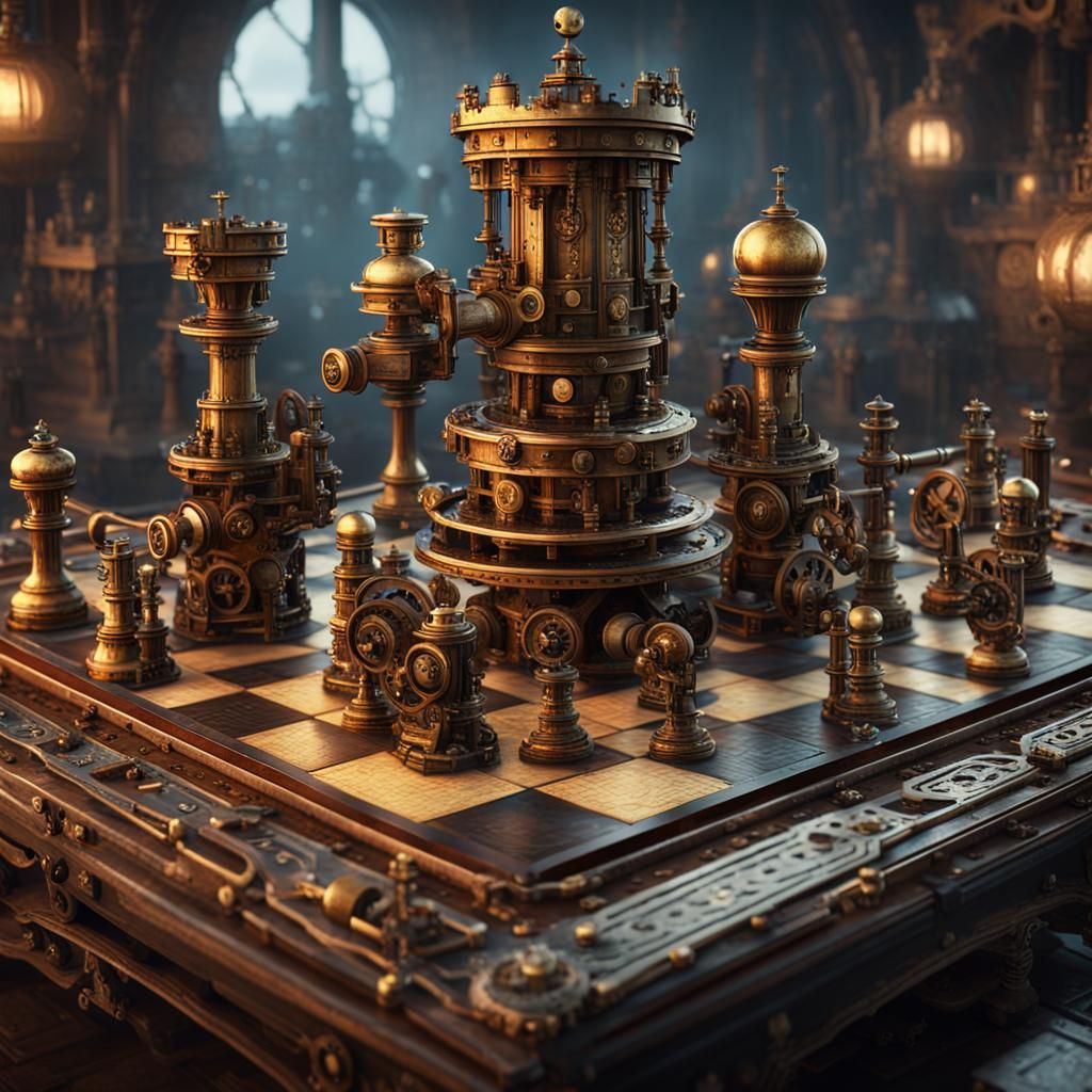 Steampunk Chess Game on Mechanical Board