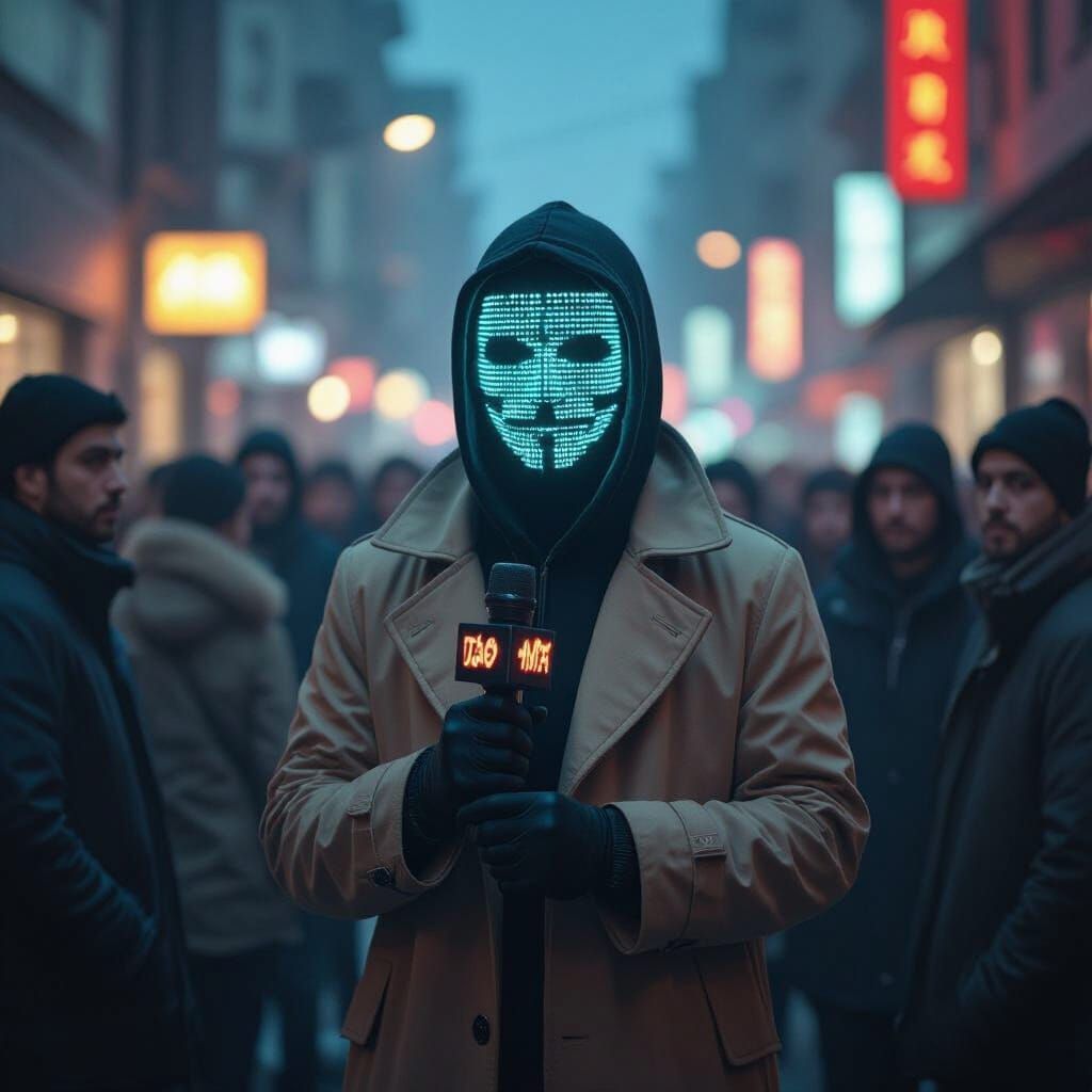 Masked Interviewer in Digital Glitch Art Style