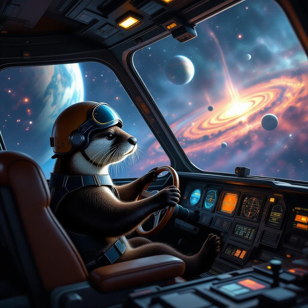 Otter Pilot Navigates Cosmic Nebula in Retro Spaceship