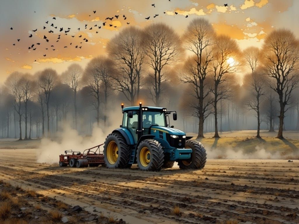 Foggy November Tractor in Watercolor Style