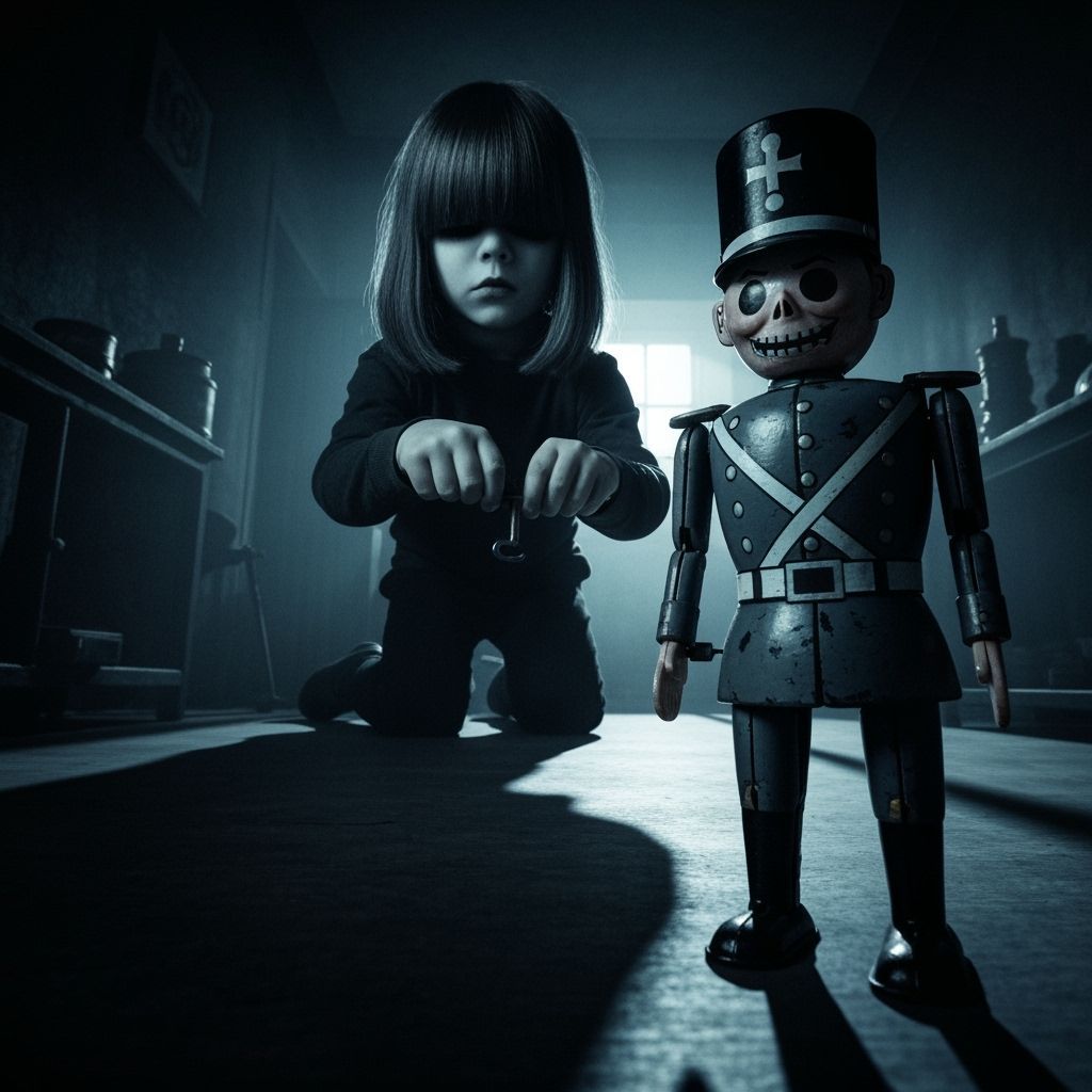 A creepy child with long blunt bangs that cover its eyes is turning the key of very creepy haunted wind-up toy Soldier. ...