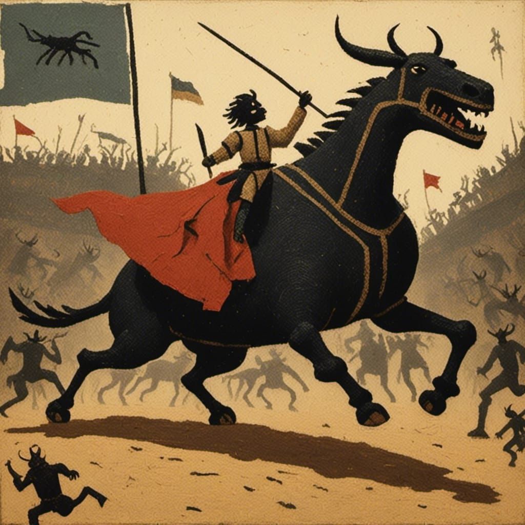 Robot Matador's Escape: Futuristic Stone Age Silhouette