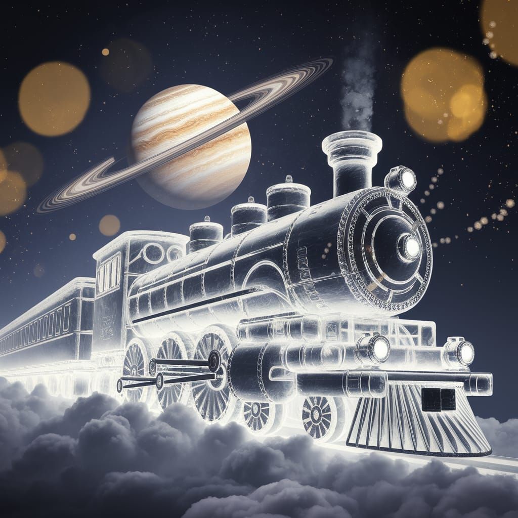 Glass Locomotive Sculpture in Cosmic Nebula