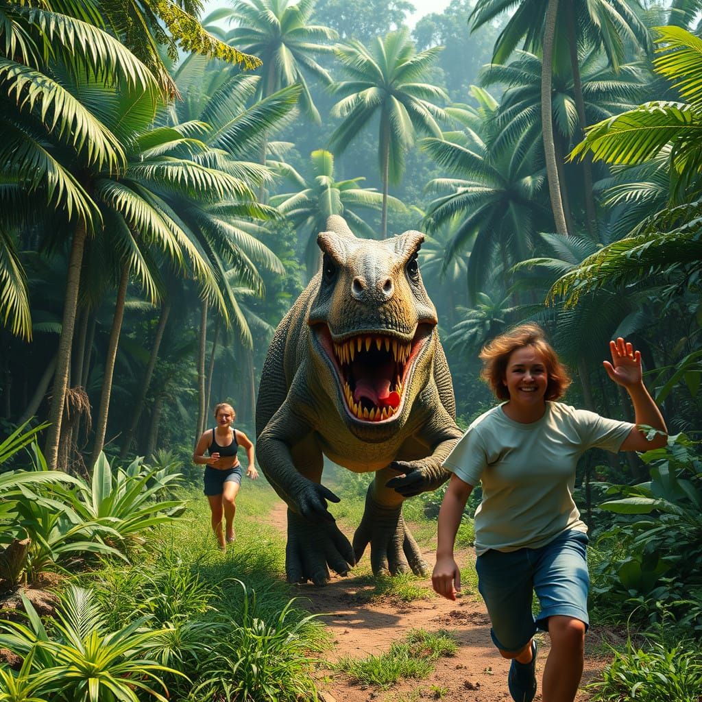 Dino-Themed Jungle Landscape with T-Rex and Humans in Chaos