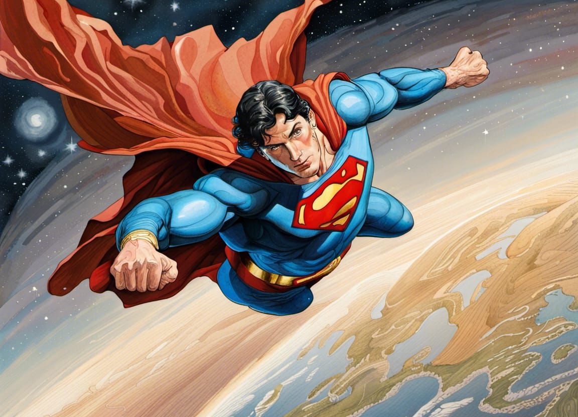 Superman Flies in Space: Watercolor Concept Art