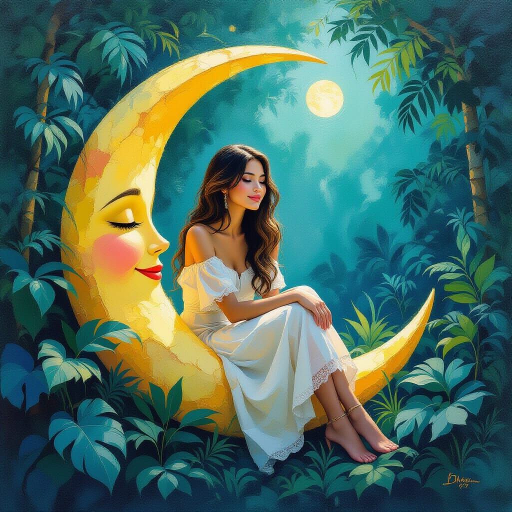 Woman in Smiling Moon: Impasto Oil Painting