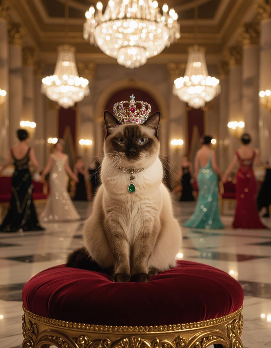 Regal Siamese Cat in Crown on Velvet Cushion in Art Deco Bal...