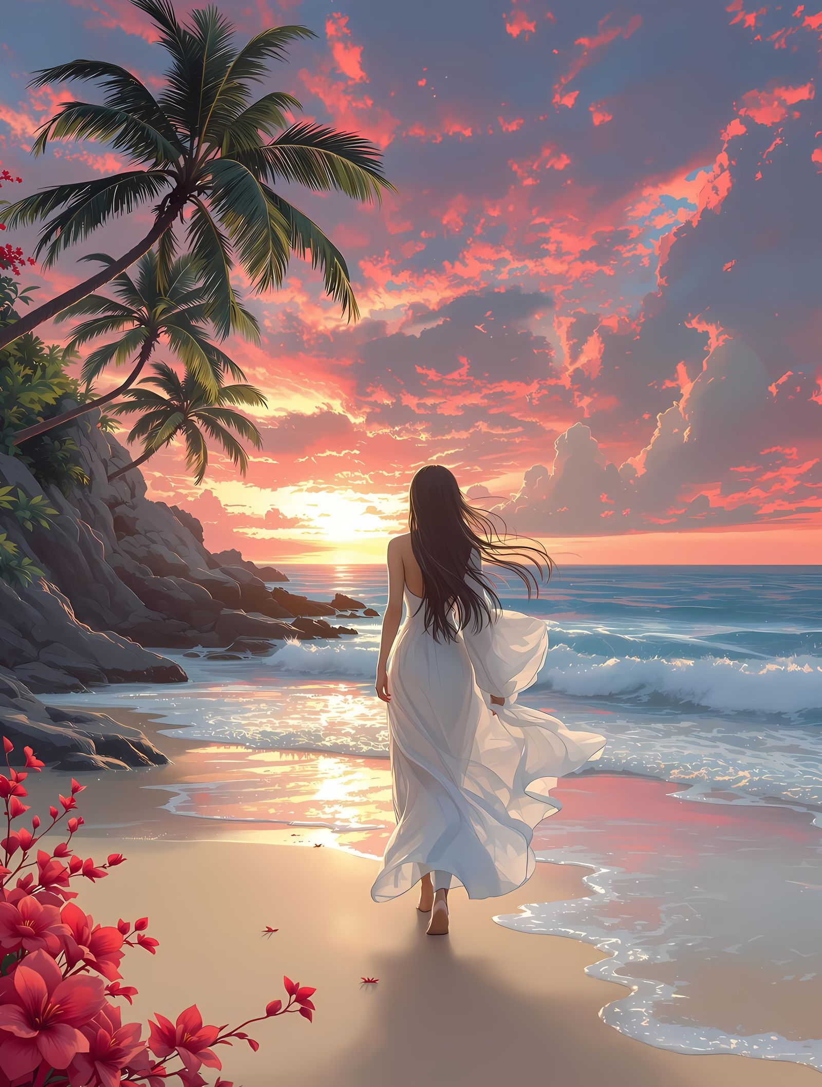 Woman Walks Beach at Sunset Amidst Vibrant Palm Trees and Oc...