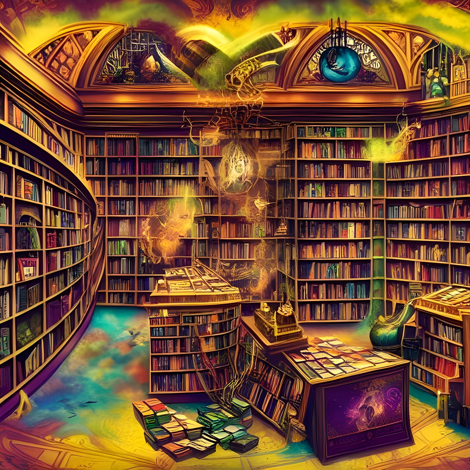 Inside A busy magic store, full of books, spells and potions