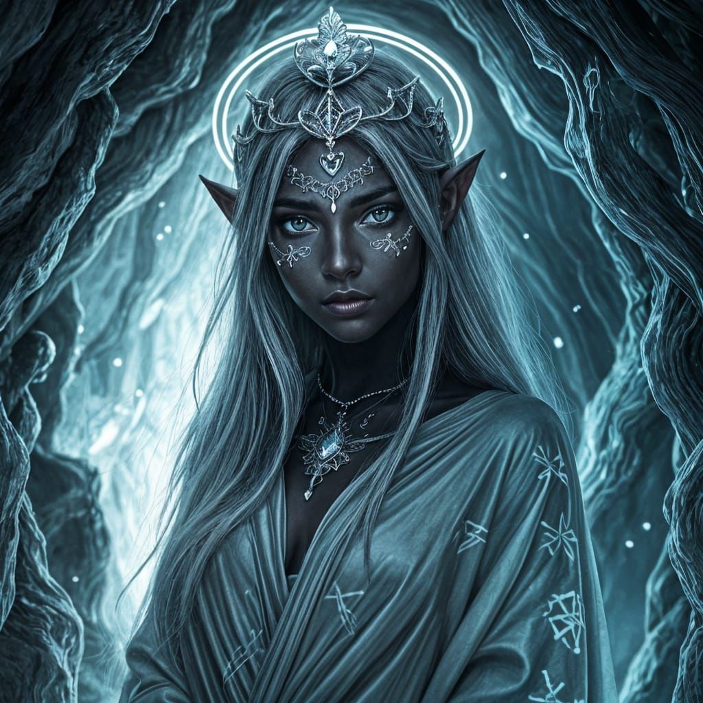 Dark Elf in Crystal Cave: Gothic Digital Art