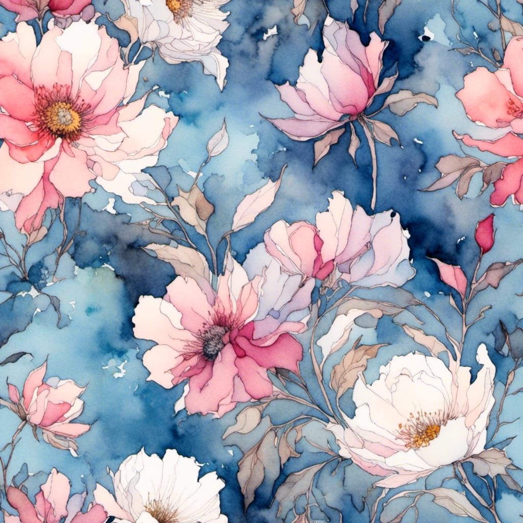 Romantic Watercolor Flowery Background in Blues and Pinks