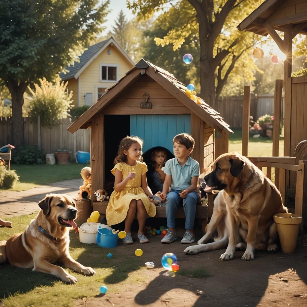 Idyllic Family Scene with Dog, Children, and Bubbles