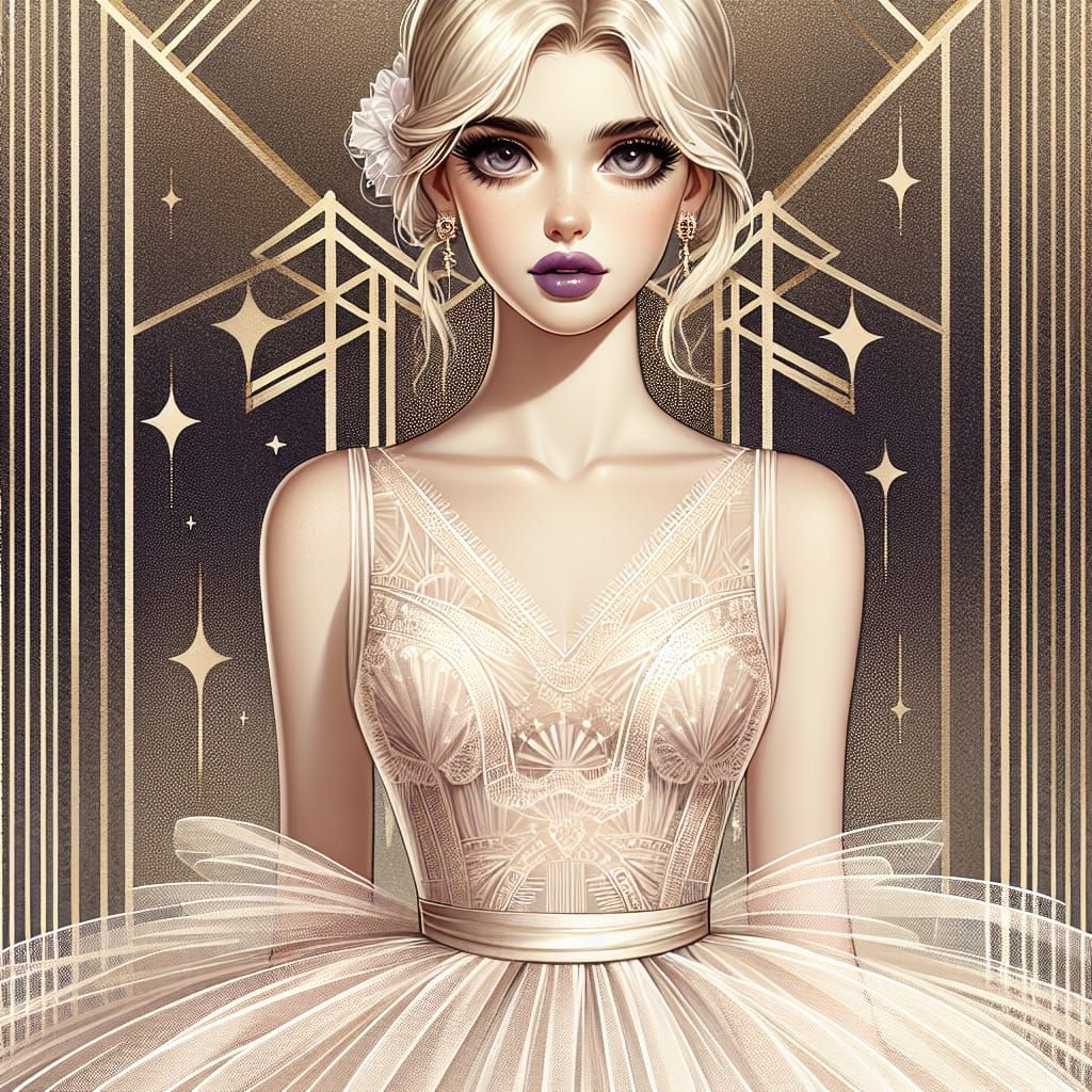 Art Deco Woman with Purple Eyes on Golden Stars