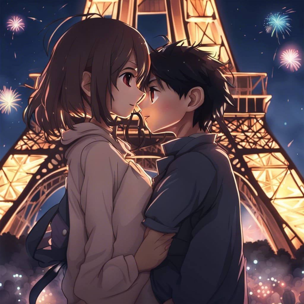 Anime-Style Sketch of Couple Watching Eiffel Tower Fireworks
