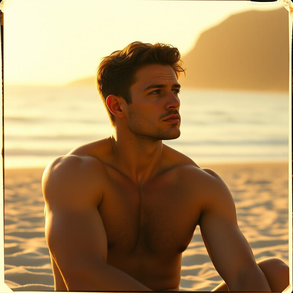 Handsome Man Lost in Thought on a Sun-Kissed Beach