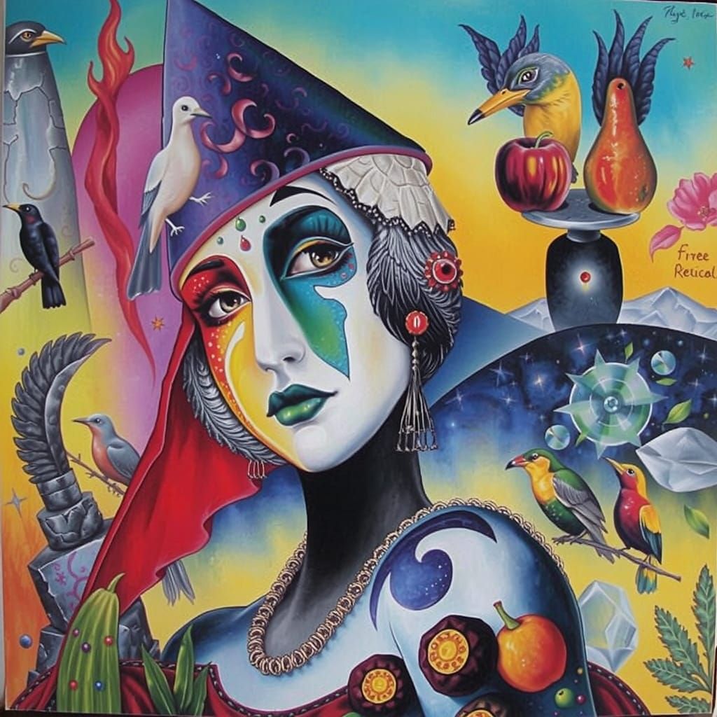 Psychedelic Man's Face with Fruit, Birds, and Fire
