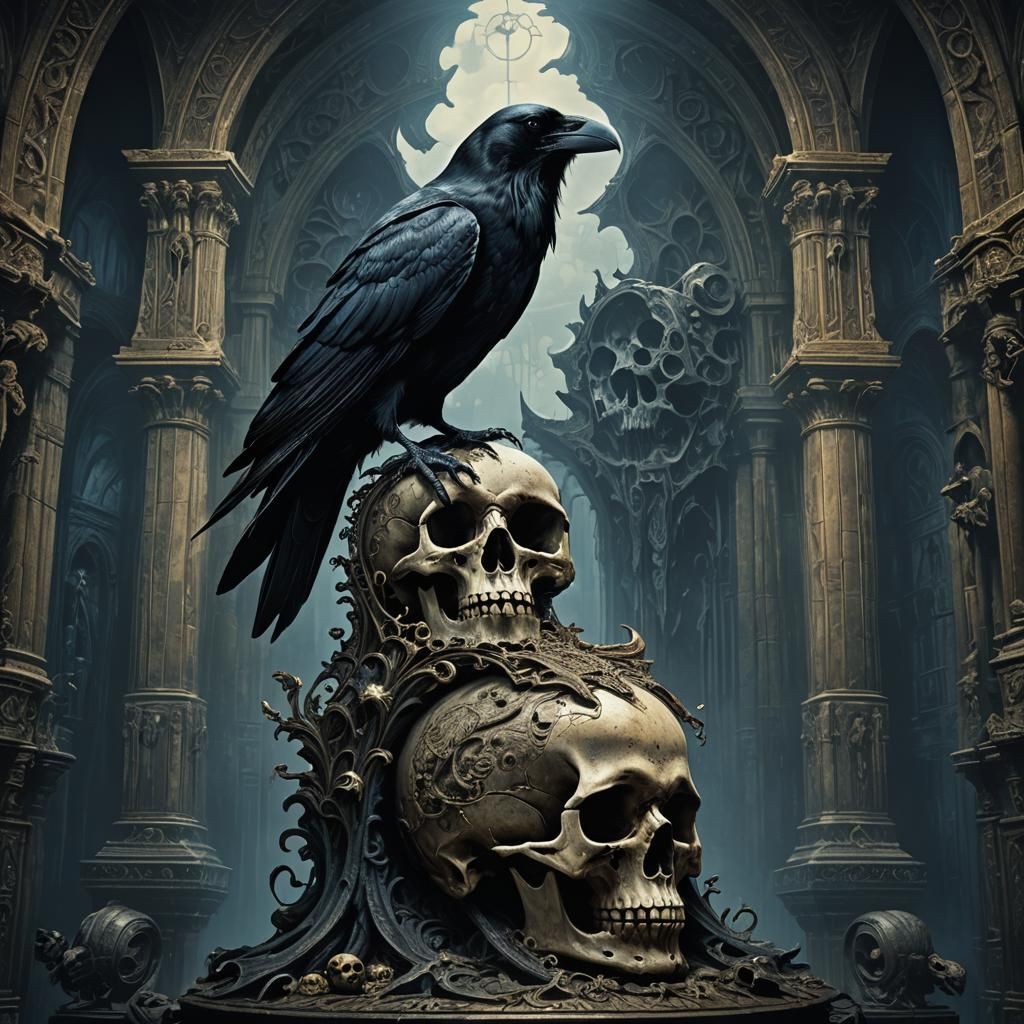 Raven Perched on Skull in Gothic Dark Fantasy Art