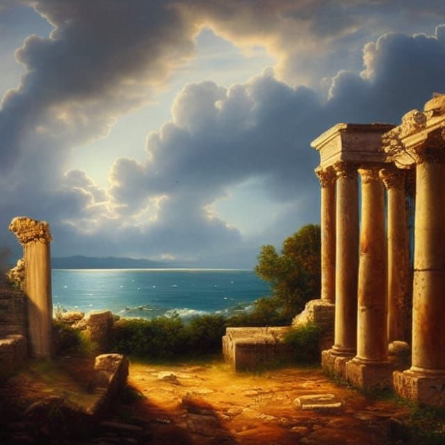 Picturesque Seaside Roman Ruins in Oil Painting Style