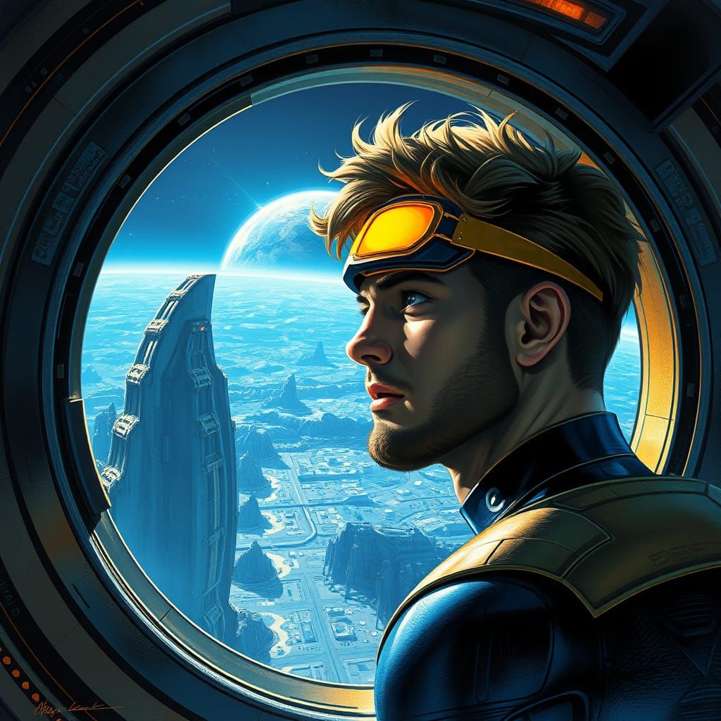 Cyclops Views Planet OA from Spaceship in Epic Fantasy Style