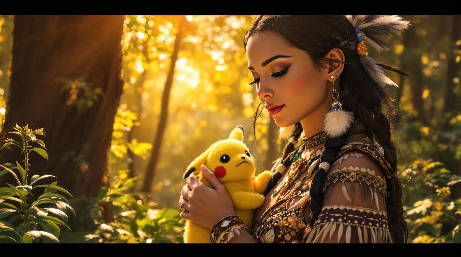 Pocahontas Holding Pikachu in Sunny Forest