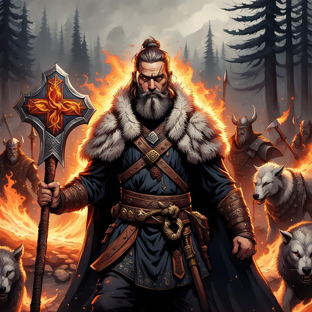 Nordic Warriors Guard Burning City from Evil