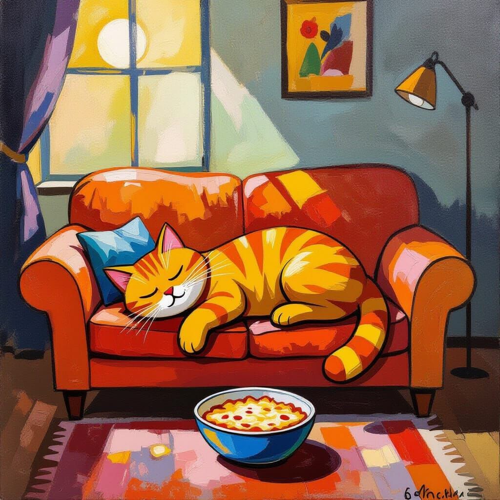 Lazy Garfield Cat Sleeps on Orange Sofa with Lasagna