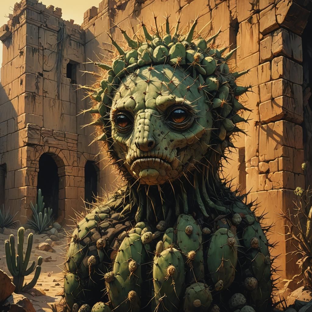 Lifeless Cactus Monster in Desert Ruins
