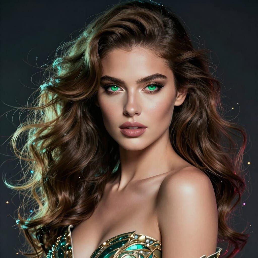 Elegant Fantasy Woman with Wavy Hair and Green Eyes