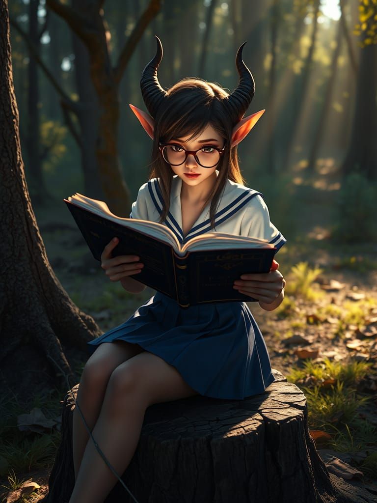 Elven Scholar Reads by Tree in Whimsical Woodland Scene
