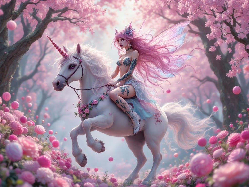 Gothic Fairy Rides Rainbow Unicorn in Kawaii Forest