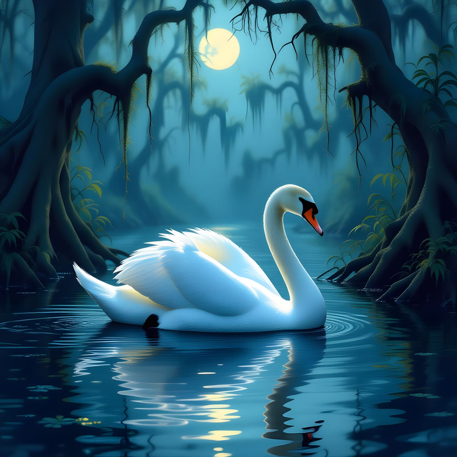 Swan in Murky Swamp: Hyperrealistic Surrealist Painting