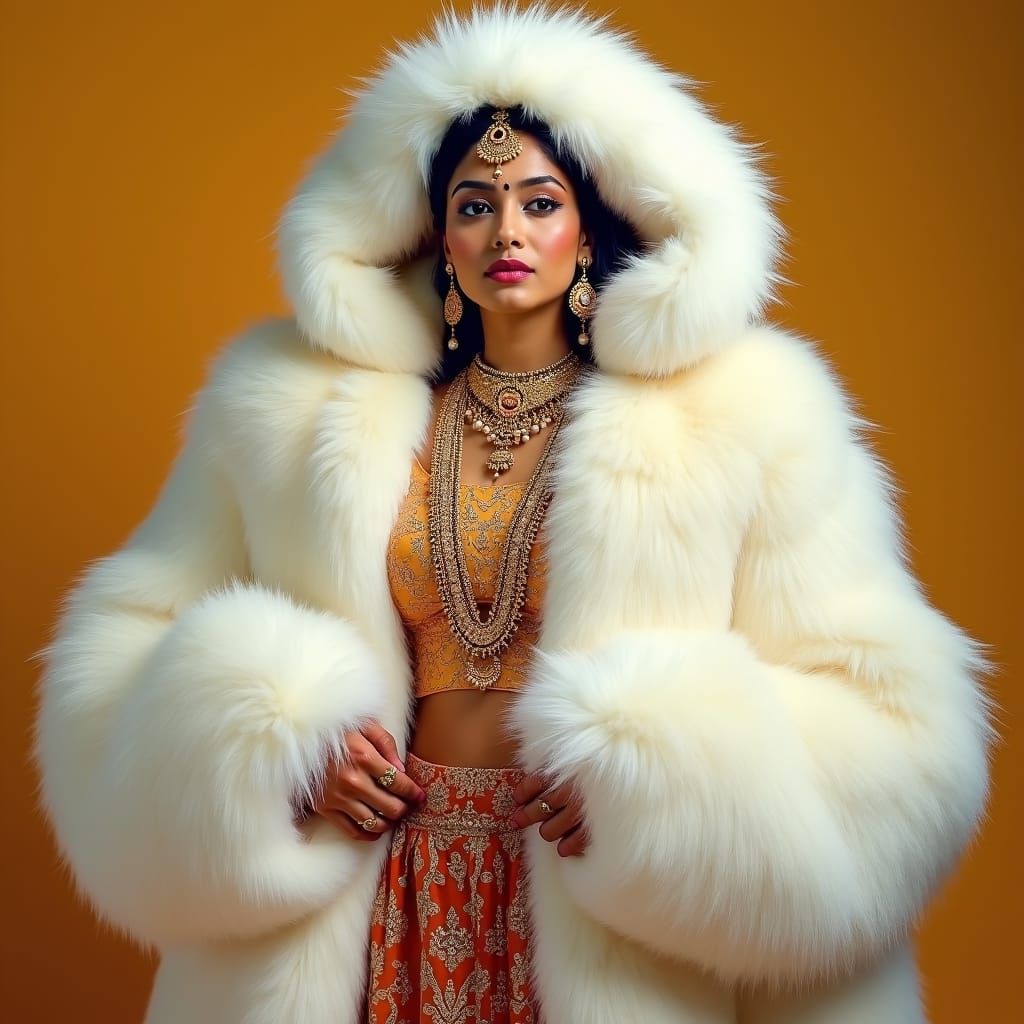 Opulent Indian Woman in Oversized Fox Fur Coat