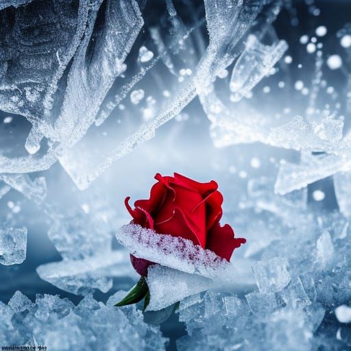 Frozen Red Rose Macro Photograph in Dark Fantasy Style