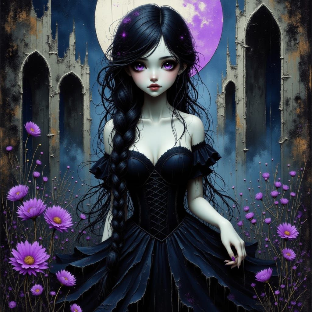 Mysterious Gothic Anime Woman in Ruined Castle