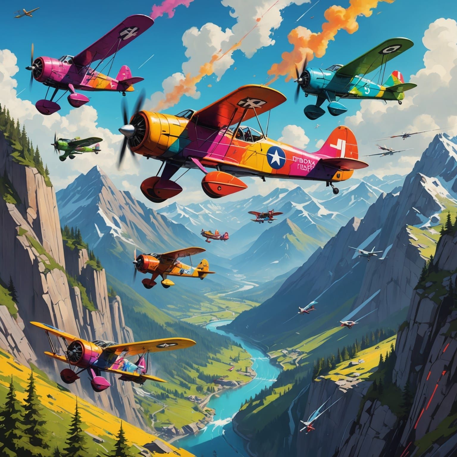 Cyberpunk Biplanes Fly Through Mountain Graffiti Art
